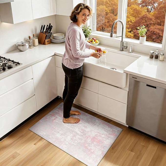 RELEANY Washable 2'x3' Abstract Area Rug for Living Room Gray Pink | carpet for bedroom, kitchen, office, hallway and entryway, printed pattern, non-slip, soft, stain-resistant, easy to clean