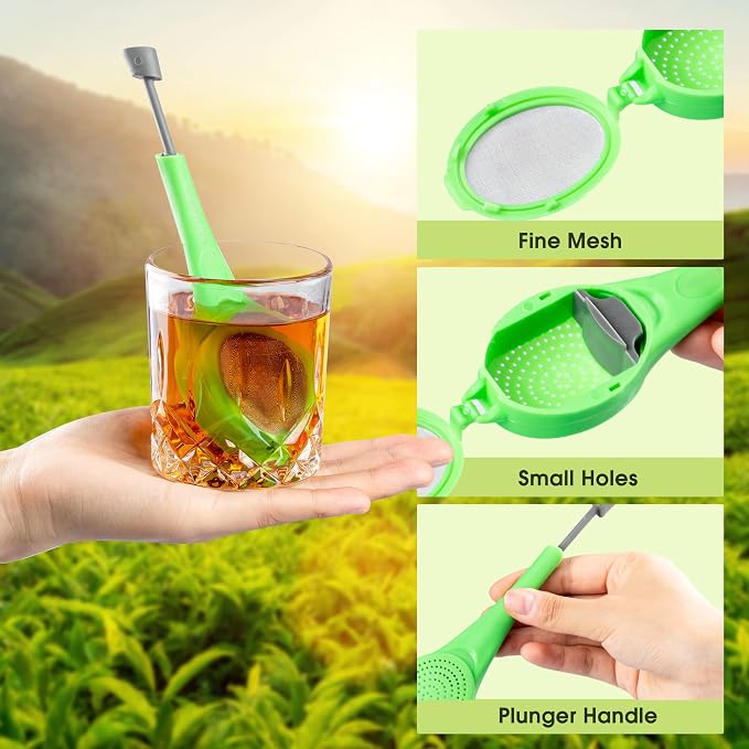 3 Pieces Long-Handled Tea Filters Plastic Tea Infuser Fime Mesh with Built-in plunger Reusable Two Sides Strainers for Loose Tea/Coffee/Tea Bag/Herbal/Spice Portable Teaware Accessories, Green