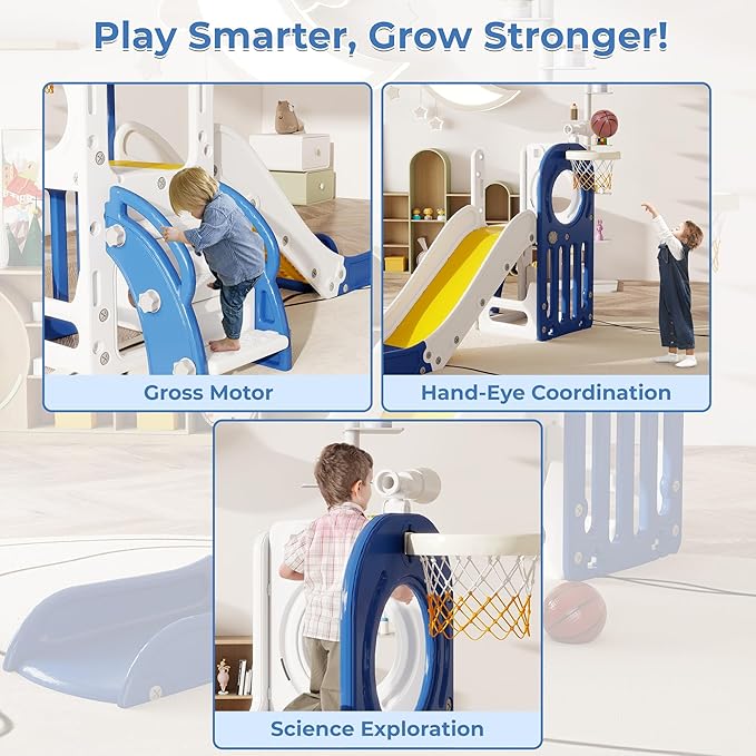 Toddler Slide, Outdoor Indoor Slide for Toddlers 1-3, Freestanding Slides with Basketball Hoop, Telescope, Storage Space and Non-Slip Steps (Blue)
