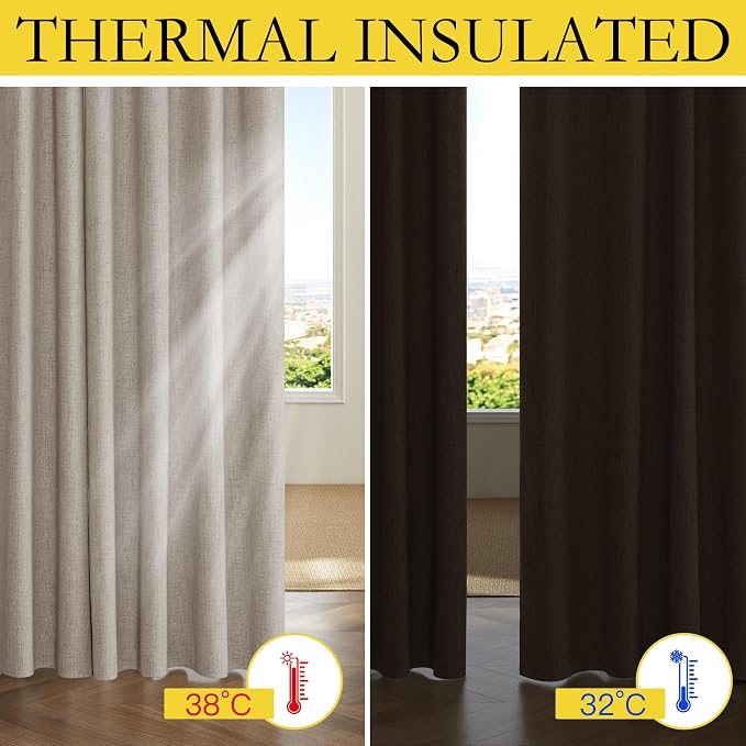 NICETOWN Natural Short 100% Blackout Curtains 63" Lenghth Burg for Kitchen, Burlap Linen Drapes with Thermal Insulated White Liner, Keeping Out Cold Air and Heat Panels (Set of 2, 52" Width)