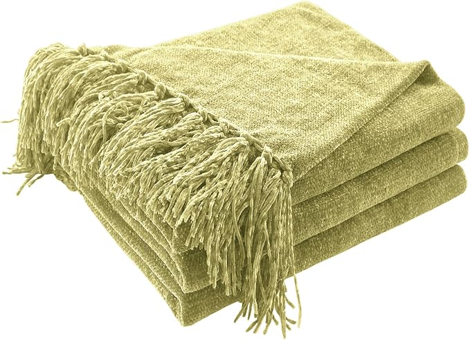 CozeCube Chenille Throw Blanket, Sage Green Fringe Blanket, 60"X80" | For Couch, Cozy Plush Fuzzy Decorative Blanket with Fringe Tassels, Lightweight Throws for Bed Sofa Gift Home Decor