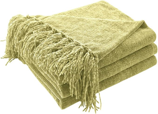 CozeCube Chenille Throw Blanket, Sage Green Fringe Blanket, 50"X60" | For Couch, Cozy Plush Fuzzy Decorative Blanket with Fringe Tassels, Lightweight Throws for Bed Sofa Gift Home Decor