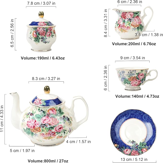fanquare 21-Piece Blue Lace Porcelain Tea Set, China Coffee Cup and Saucer Set for 6, Pink Flower Tea Sets for Adults Women