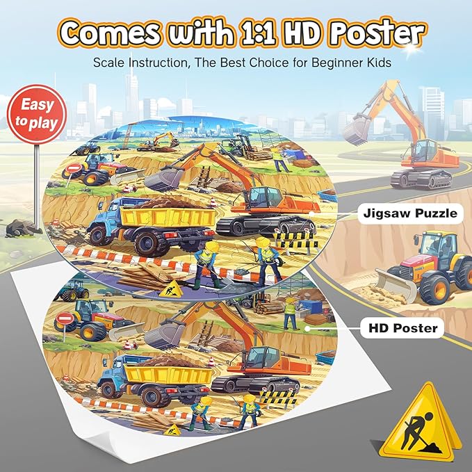 Floor Puzzles for Kids Ages 4-6, Large 70 Piece Construction Puzzles for Kids Ages 6-8 with Excavator Bulldozer Forklift Dumper Truck, Building Site Educational Toy Gifts for Boys Girls Children