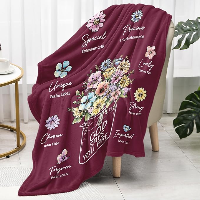 Christian Birthday Gifts for Women, Burgundy Christian Blanket with Flowers | Birthday Gifts for Women, Baptism Religious Christmas Spiritual Gifts for Grandma Mom Daughter, Wine Red Blankets 60''x 50''