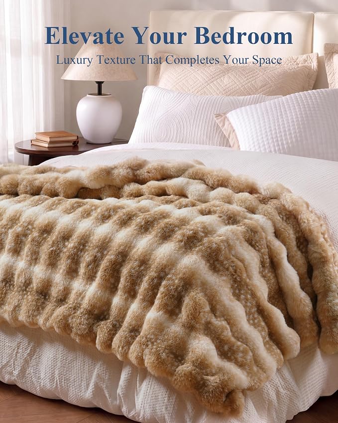 Ultra Soft Cozy Faux Fur Throw Blanket, Fuzzy Plush Thick Bubble Blanket, Oversize Luxury Fluffy Blanket for Couch, Bed, Bedroom and Living Room, 60x80 Inches, Tie-Dye Camel