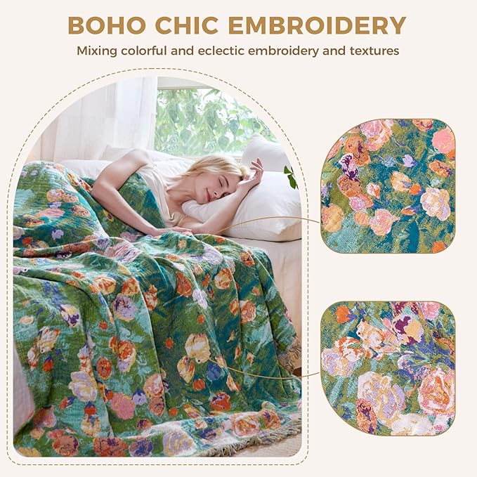 LUTBM Boho Throw Blanket for Couch Chair 50"x60", Cotton Cozy Bed Blankets | Reversible Green Garden Jacquard, All-Season, Decorative Throw for Sofa Chair Living Room, Lightweight Breathable, Home Decor