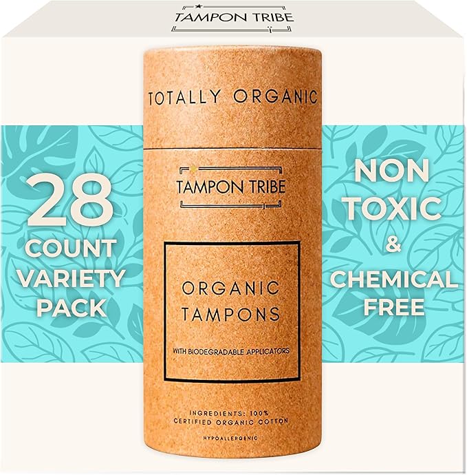 Tampon Tribe Variety Pack Organic Tampons for Women | 28 Non-Toxic Tampons | Natural 100% Organic Cotton, Hypoallergenic, Chemical and Metal-Free with Biodegradable Applicator | (28 Count - Variety)