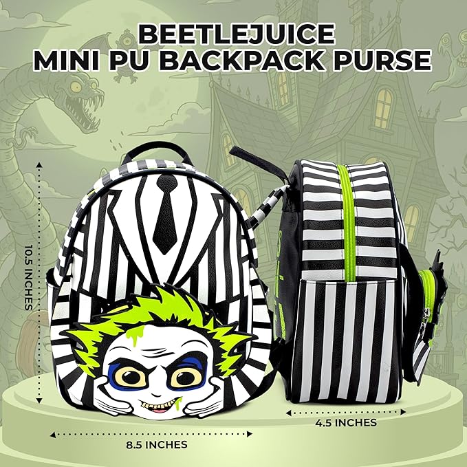 AI ACCESSORY INNOVATIONS Beetlejuice Beetlejuice “It’s Showtime” Mini Cosplay PU Backpack Purse, Shoulder Bag, 10.5 Inch, Adjustable Straps, Faux Leather