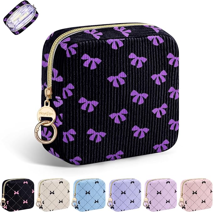Period Bag for Teen Girls, Corduroy Cute Sanitary Napkin Storage Bag, Menstrual Pad Pouches Tampon Holder for Purse (Black-Purple Bow)