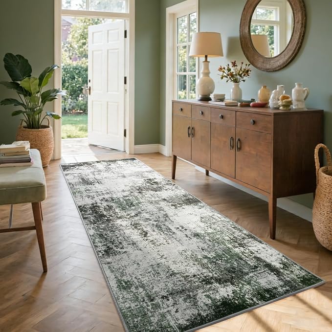 2x6 Ft Washable Runner Rug, Non-Slip Low Pile Hallway Kitchen Area Rug, Soft Long Entryway Floor Mat Abstract Pattern Carpet for Bedside & High-Traffic Areas (Grey/Green)
