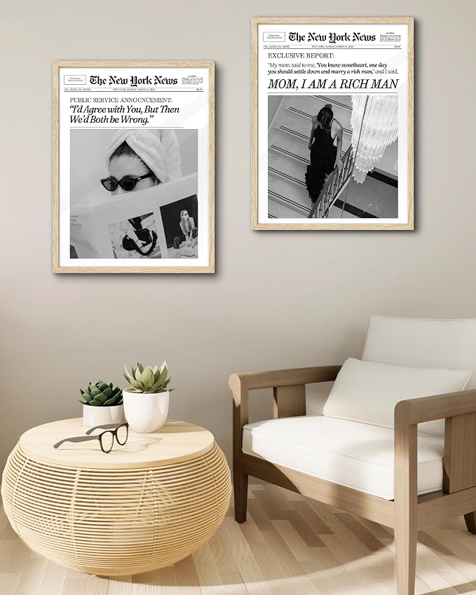 EcoHest 16x20 in Cool Girl Newspaper Framed Wall Art for Bedroom | Solid Oak Wood Frame, Canvas Wall Art, Girly Fashion Magazine Decor for Bedroom, Apartment, Dorm, College Room, 1Pack