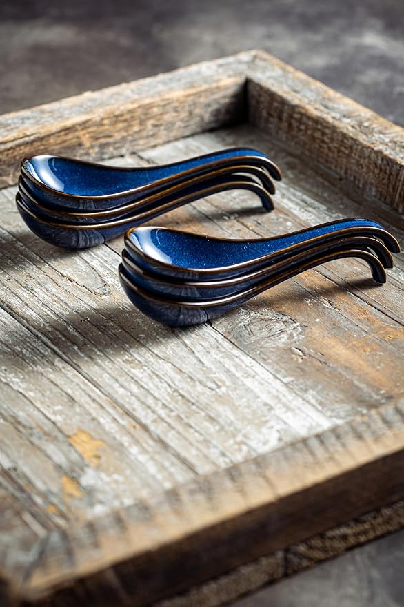 LYEOBOH Soup Spoons set of 6, Chinese Deep Soup Spoon - 6.5 inch Ceramic Korean Tablespoons for Ramen, Rice, Noodle, Asian Spoons with Deep Hook Design, Vintage Blue
