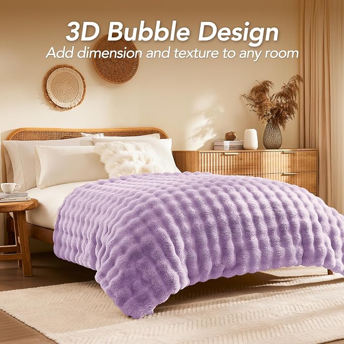 L'AGRATY Faux Rabbit Fur Throw Blanket for Couch, 90'' x 90'', Purple | Soft Cozy Bubble Fluffy Blanket for Sofa Bed, Thick Warm Plush Fuzzy Throw for Room Home Decor, Luxury Gift for Women Mom
