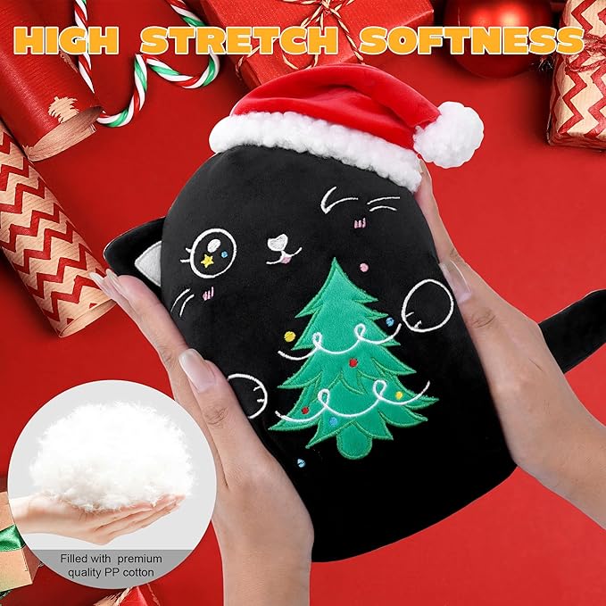 Christmas Cat Stuffed Animal: 8-Inch Cute Black Cat Plush Toy with Santa Hat and Christmas Tree Soft Christmas Plushies Pillow, Holiday Birthday Decoration Gifts for Kids Girls & Boys