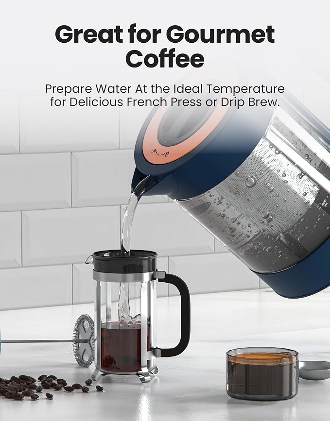 Viante Alba Electric Tea Kettle with Infuser, No Plastic In Contact With Water, 1.5L Borosilicate Glass, 304 Stainless Steel, 4 Temp Presets, Keep Warm, Cordless, Auto Shut-Off, Midnight Blue