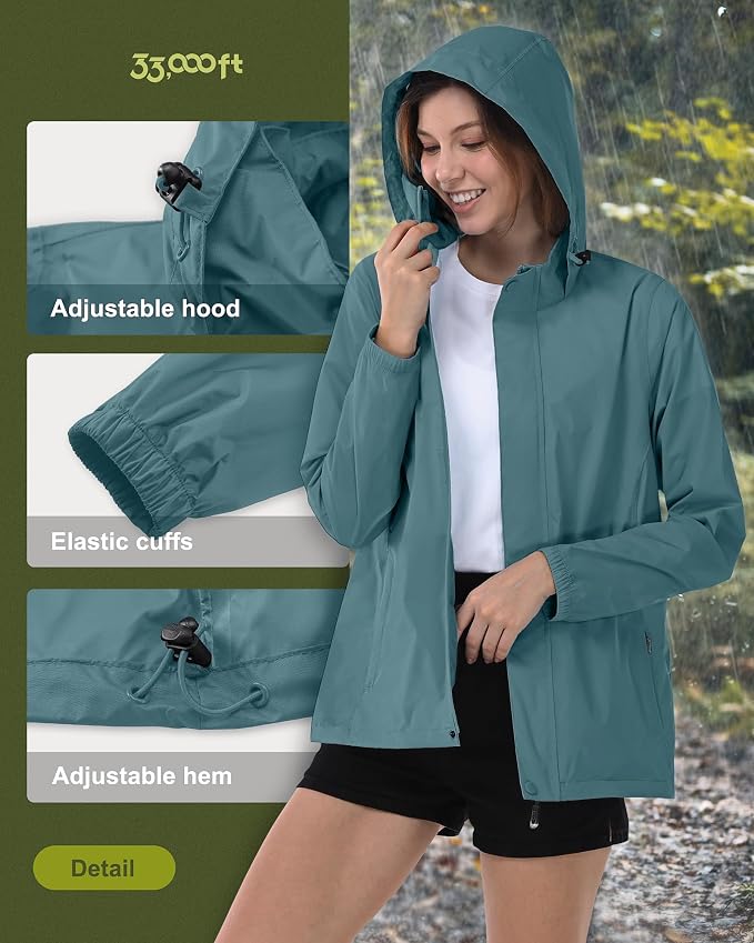 33,000ft Women's Rain Jacket Waterproof Lightweight Packable Raincoat with Hood for Golf Hiking Travel Windbreaker