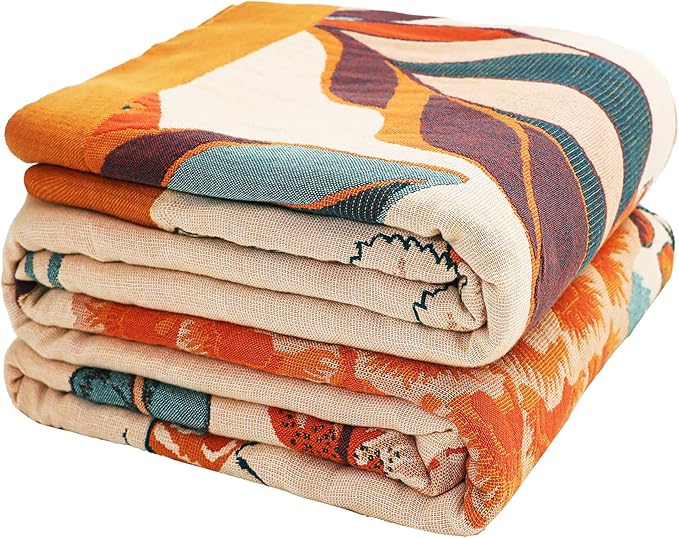 VANJOROY Boho Throw Blanket, 100% Organic Cotton Breathable Soft Lightweight All Season Rustic Bed Throw - Floral Bird Farmhouse Decor Blanket for Sofa Couch Chair Quilt and Gift. 60" x 80"
