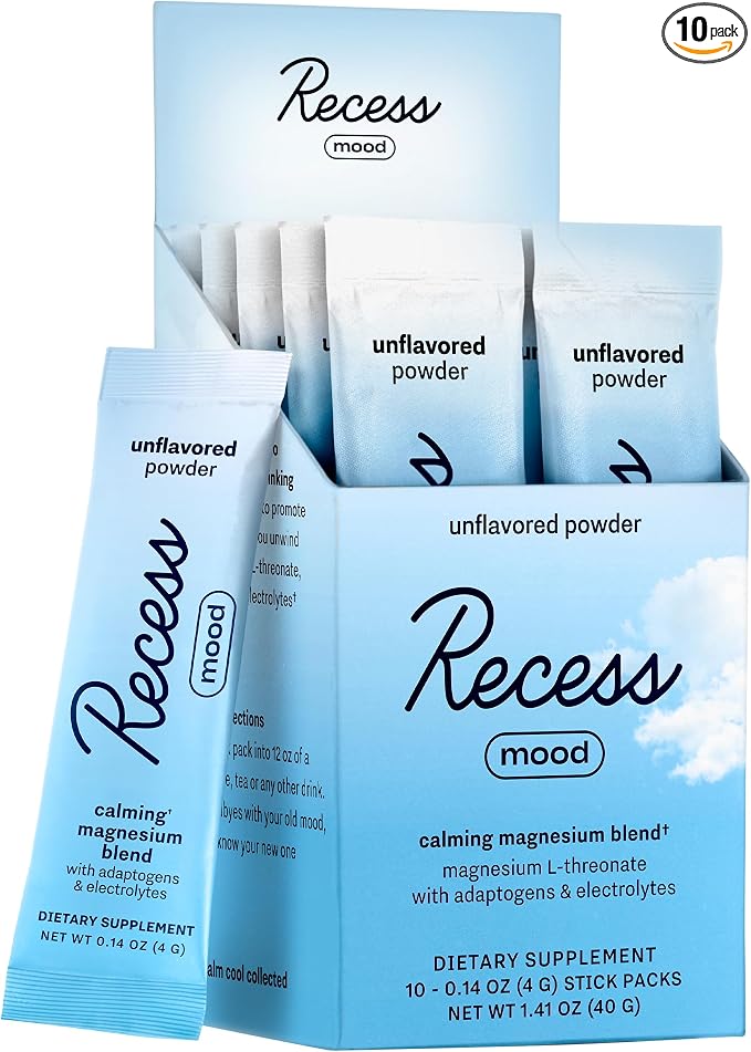 Recess Mood Powder, Magnesium L-Threonate Blend with Passion Flower, L-Theanine, Electrolytes, Magnesium Calm Support Powder Supplement - Unflavored-Pack of 10