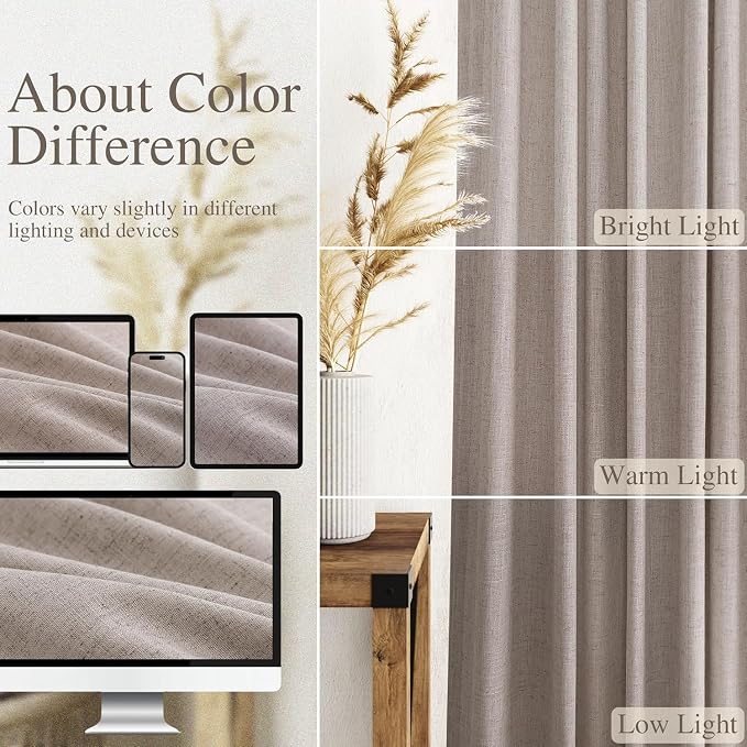 Nanspring Brownish Grey Linen Curtains for Living Room 98 Inches Long Back Tab Light Filtering Semi Sheer Curtain Modern Farmhouse Decor for Bedroom Office Luxury Textured Drapes 52x98, 2 Panels