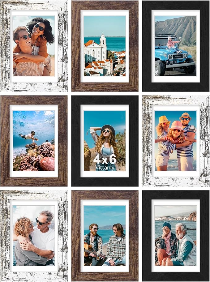 Vittanly 4x6 Picture Frames Set of 9, Black&Brown&Distressed White | Display Pictures 3.5x5 with Mat or 4x6 without Mat, Small Photo Frames, Engineered Wood with Shatter Resistant Plexiglass
