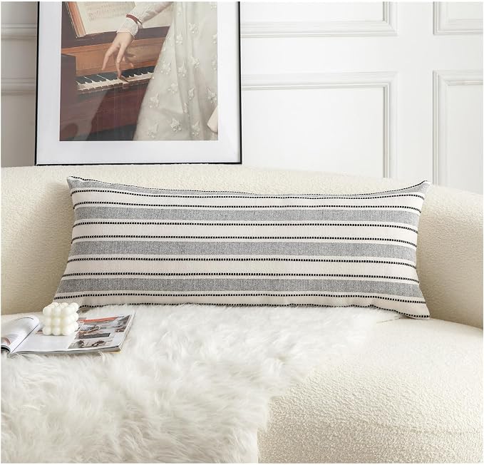 Cethom Decorative Boho Lumbar Pillow Covers, Modern Farmhouse Couch Pillowcase, 14 x 36 Long Accent Body Throw Pillow Covers, Sofa Bed Living Room Decor Cushion Case, Black and Beige, Pack of 1