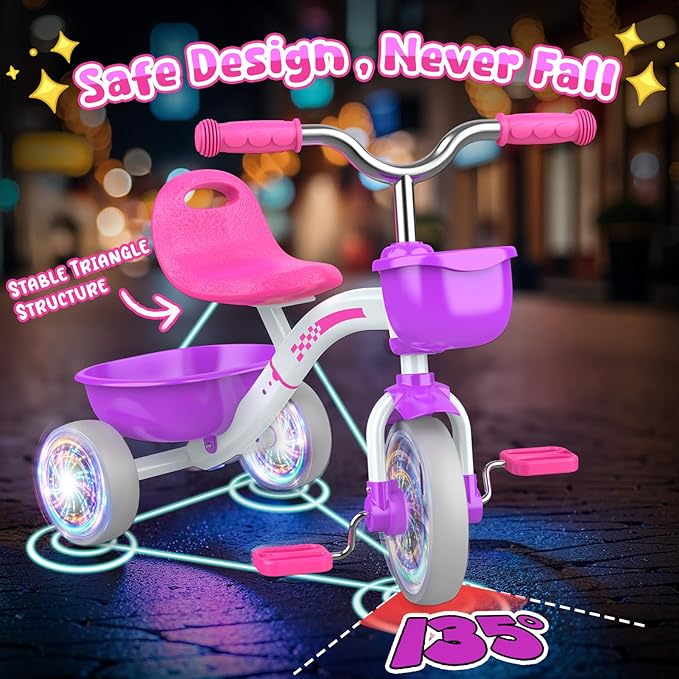 Toddler Tricycle for 1-3 3-5 Year Olds, 2 3 4 5 Year Old Girl Birthday Gifts, Toddler Baby Bike, Outdoor Riding Toys for Ages 2-4, 4-Level Adjustable Seat, 3 Color Light Wheels, 2 Baskets