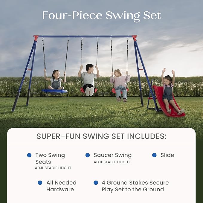 Delta Children FunZone Outdoor Metal 4-Piece Swing Set - Includes 2 Swings, 1 Disc/Saucer Swing and Slide, Blue/Red