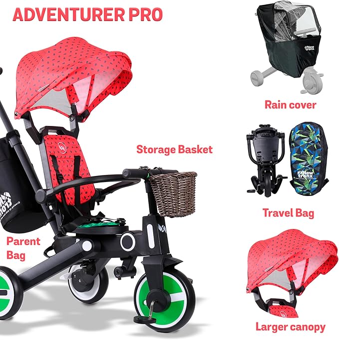 Adventure Pro Summer Edition - Foldable Tricycle for Toddlers-Big Canopy, Basket,Travel Backpack and Parent Bag - Toddler Tricycle for Ages 10 Months to 5 Years (Watermelon/Red)