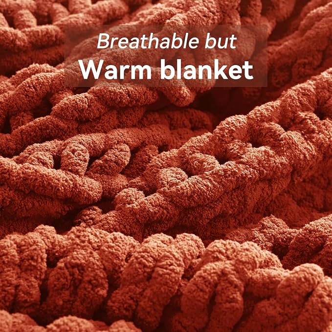 Negwoo Chunky Knit Throw Blanket, Knitted Throw Chenille Yarn, 40"*50" | Soft Thick Cable Knitted Blankets, Handmade Big Thick Blanket, Machine Washable Cute Comfy Blanket for Home Decor, Orange