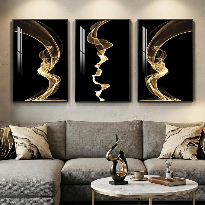 3 Piece Large Framed Abstract Wall Art for Living Room, Black and Gold Modern Artwork for Walls, Contemporary Luxury Bright Style Pictures Prints Paintings for Hallway Office Wall Decor 24x36 Inch