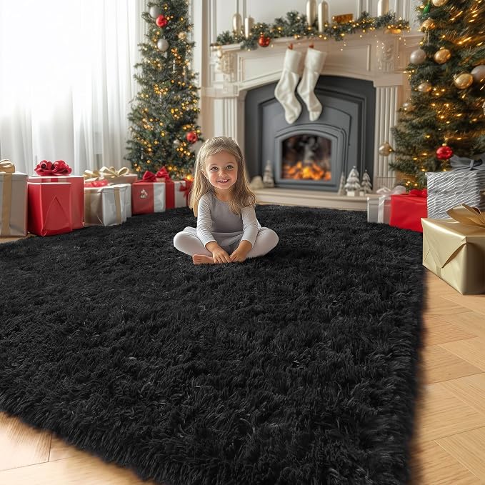 Amdrebio Black Shag Kids Area Rug 5x8 for Boys Bedroom Living Room Playroom | Fluffy Furry Shaggy Plush Comfy Carpet, Classroom Dorm Men Cave Office Apartment Decor, Gothic Aesthetic, Modern Cool Accent