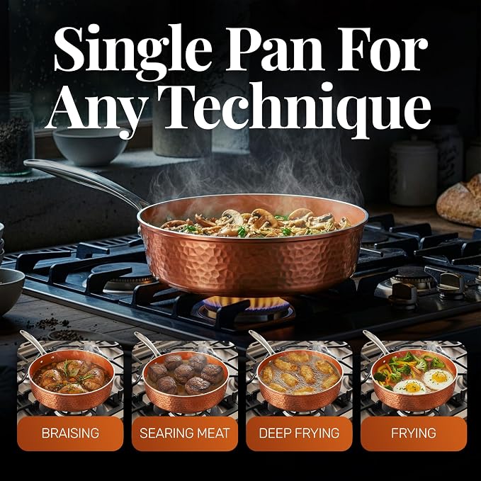 GOTHAM STEEL 4 Qt Saute Pan with Lid, Large Nonstick Skillet for Cooking, 12” Hammered Deep Frying Pan, Family Sized Pans, Ceramic Coating for Sauce, Induction Ready Oven & Dishwasher Safe, Non Toxic