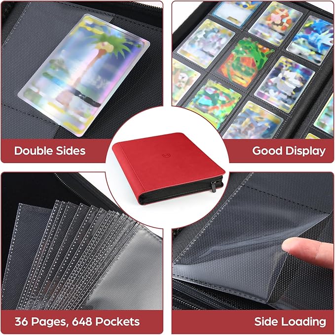 Card Binder 9 Pocket with Zipper, 648 Pockets Trading Card Holder Book, Premium PU Cover Zip Folder Binder, Side Loading Carrying Case Binder Album for TCG, MTG, Sports Cards, Game Cards