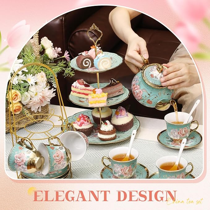 21 Pcs Ceramic Teapot Set Vintage Porcelain Tea Cups with Metal Holder and High Tier Cupcake Stand Saucers for Women Girls Farmhouse European Weddings Party Decor Gifts(Green,Summer)