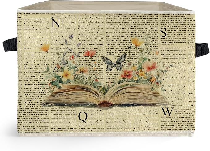 Vintage Book Storage Box Bins, Reading Corner Nook Room Decor, Bookish Librarian Gifts Collapsible Storage Basket Organizer for Home Library Classroom Clothes Books