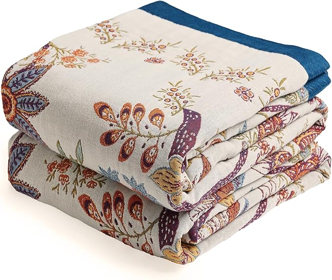 VANJOROY Boho Throw Blanket, 100% Organic Cotton Breathable Skin-Friendly Ultra Soft Bed Quilt Throw - All Season Floral Farmhouse Décor Luxury Blanket for Sofa Couch Chair and Gift. 91" x 98"