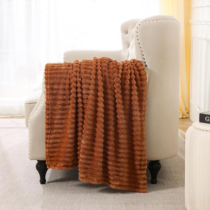 Burnt Orange Fleece Throw Blanket 50”×60” for Couch Sofa Livingroom | Linecooo Super Soft Cozy Plush Microfiber Flannel Bed Blanket Striped Design Lightweight Home Decor Gifts for Adult Mom Women