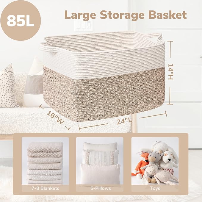 Goodpick 85L Large Woven Rope Blanket Basket, White & Light Brown | 23.6'' x 15.7'' x 13.8'' Storage Basket for Blankets, Toys & Clothes, Nursery & Bedroom Organization, Reinforced Handles