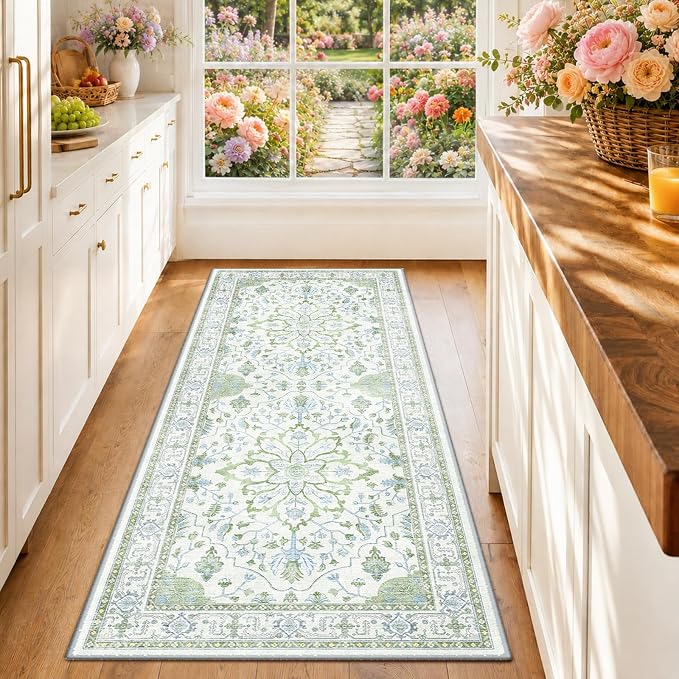RELEANY Area Rugs Runner 2'x6' Washable Non-Slip, Floral Vintage Distress Medallion Carpet for Kitchen Hallway Bedroom Beside Laundry Room Bathroom, Green White Blue