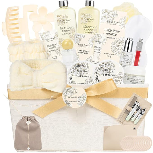 37Pcs Spa Gifts, WHITE ROSE JASMINE Bath & Body Gift Basket, Face Skin Kit | Home Spa Gift Set for Women, Self-Care Kit, Beauty Care Kit, Spa Bath Kit with Necklace, Birthday, Christmas, Anniversary