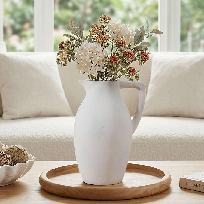 Ceramic Flower Vase with Handle, 9.65 inch Tall Ceramic Vase Home Decor Farmhouse Vases Terracotta Table Vases for Living Room Bathroom Modern Boho Coffee Table Centerpieces Bookshelf Kitchen, White