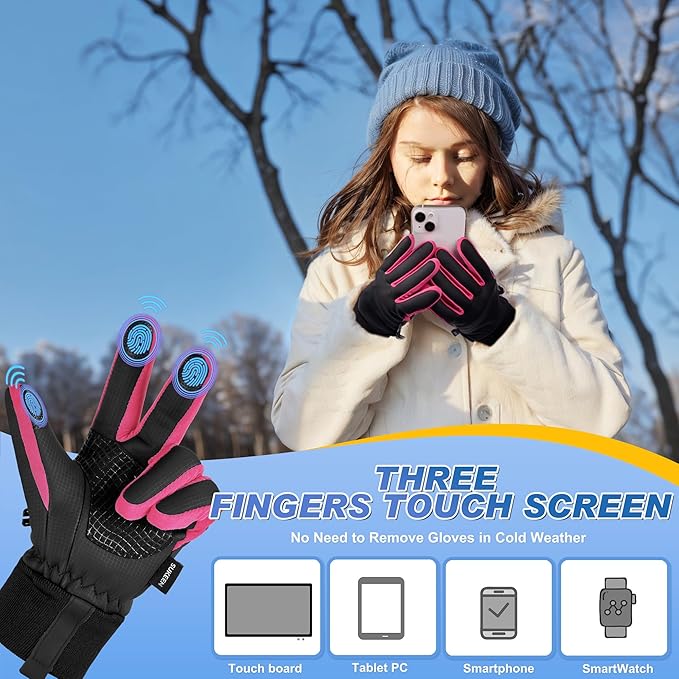 Sukeen Kids Winter Warm Gloves for Boys Girls Windproof PU Cold Weather Gloves Aged 4-14 Anti-Slip Gloves for Cycling Outdoor
