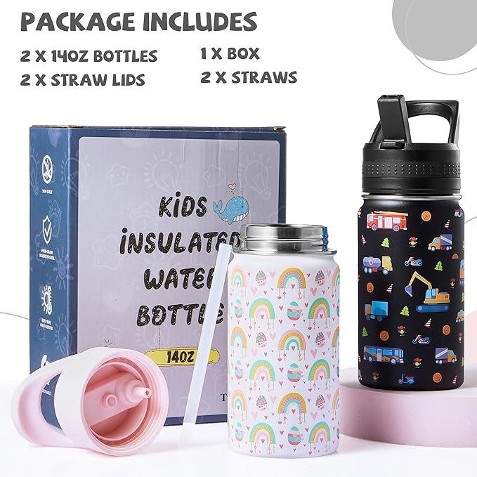 2 Pack Kids Water Bottle,14oz Stainless Steel Insulated Water Tumbler Leak-Proof,School Water Mug,Small and Portable,Suitable for Boys and Girls to Use(Black car + White rainbow)