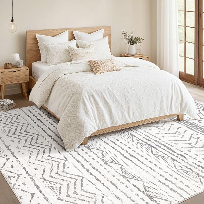 Nakagishi Boho 5x7 Area Rug Living Room Rugs Machine Washable Grey White | Soft, Pet & Kid Friendly, Carpet for Living Room/Bedroom/Office/Kitchen/Nursery, Daily Home Decor Stain Resistant Moroccan