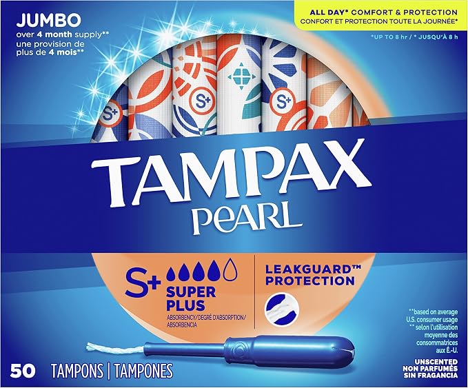 Tampax Pearl Tampons Super Plus Absorbency, with Leakguard Braid, Unscented, 50 Count (Pack of 2)