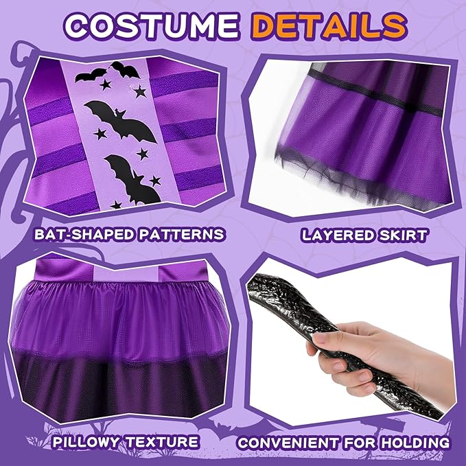 Witches Costume for Girls 3-8 6-12, Halloween Witches Dresses with Broom, Hat for Role Playing, Fairytale Halloween Party Birthday Gifts for Kids Toddlers Girls Age 3-5 5-8 8-12(Medium)