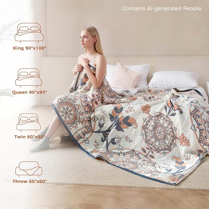 LUTBM Boho Throw Blanket for Bed 60"x80", 100% Cotton Cozy Couch Blankets | Reversible Floral Jacquard, All-Season Quilt, For Chair Sofa Living Room, Lightweight & Breathable Gauze, Vintage Home Decor