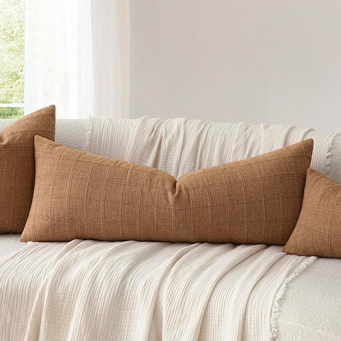 Foindtower Set of 2 Decorative Linen Check Throw Pillow Covers Neutral Farmhouse Vintage Cushion Covers Cozy Modern Boho Home Decor for Sofa Chair Couch Bedroom Living Room,14×36 Inch,Brick