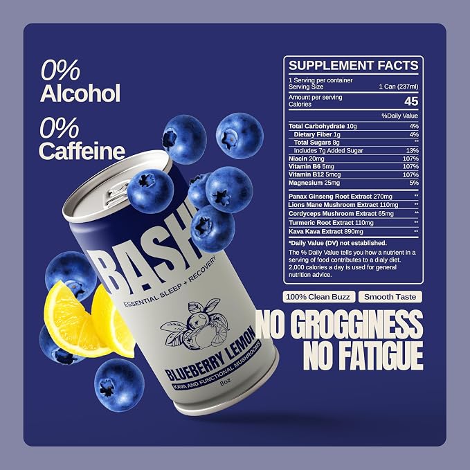 Bashi Kava Drink, Alcohol alternative, Calming Drink Mix for Natural Relaxation & Stress Relief - Plant-Based Kava Extract , Caffeine Free - Blueberry Lemon 8oz - 6 Pack